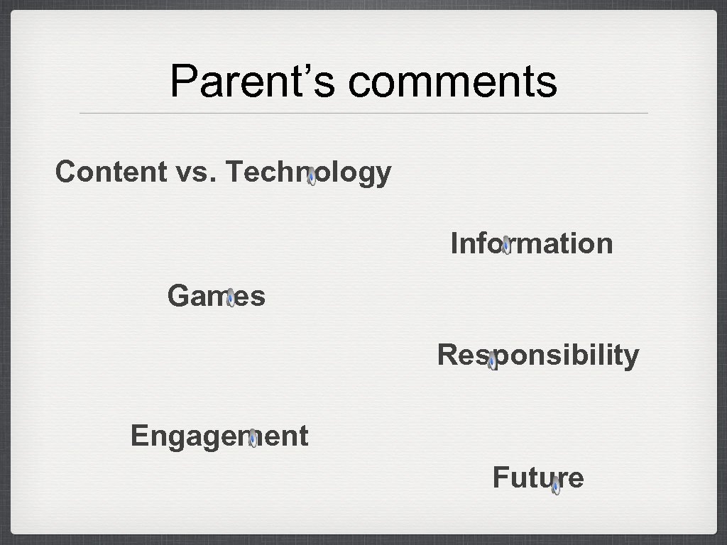 Parent’s comments Content vs. Technology Information Games Responsibility Engagement Future 