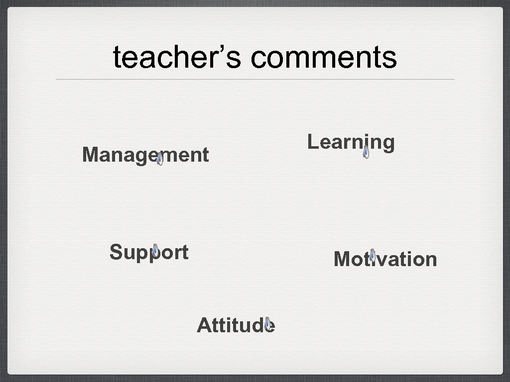 teacher’s comments Management Support Learning Motivation Attitude 