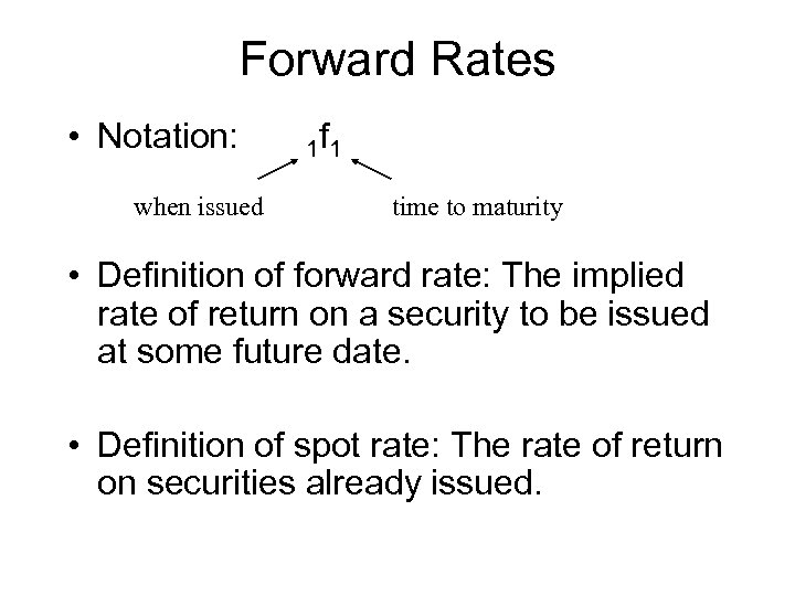 Forward Rates • Notation: when issued 1 f 1 time to maturity • Definition