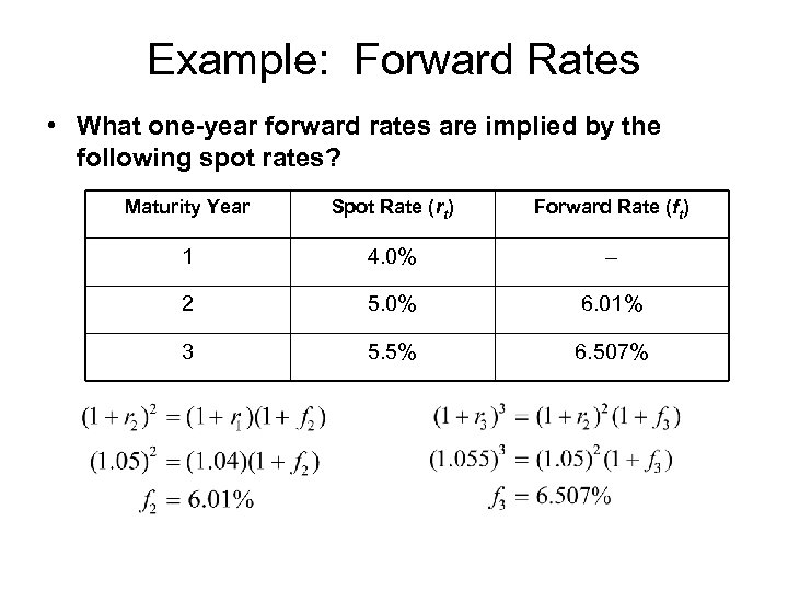 Example: Forward Rates • What one-year forward rates are implied by the following spot