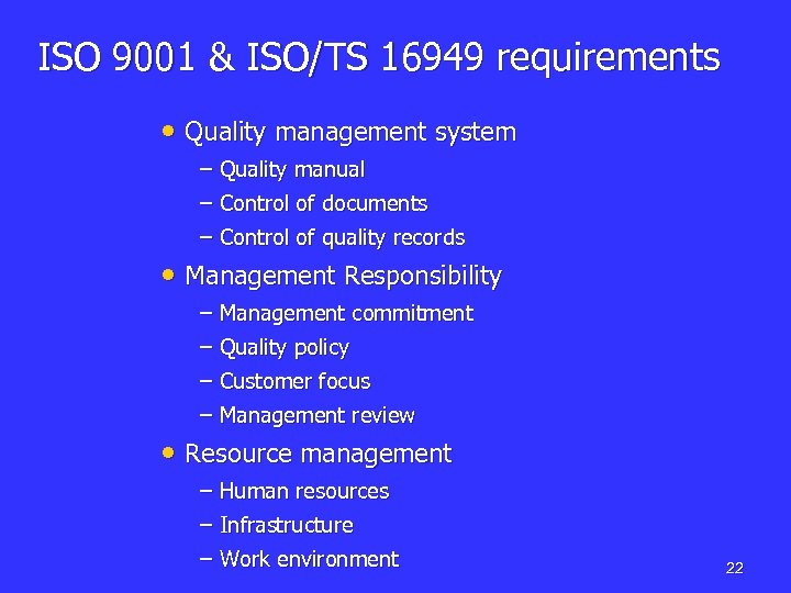 ISO 9001 & ISO/TS 16949 requirements • Quality management system – Quality manual –