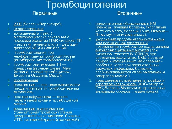 Тромбоцитопении Первичные 1. 2. Ø Ø Ø 3. Ø Ø 4. ИТП (болезнь Верльгофа);