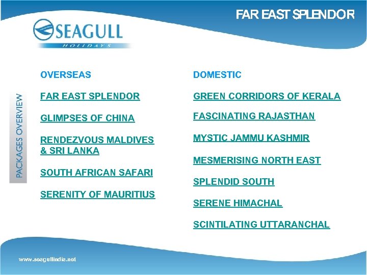 OVERSEAS DOMESTIC FAR EAST SPLENDOR GREEN CORRIDORS OF KERALA GLIMPSES OF CHINA FASCINATING RAJASTHAN