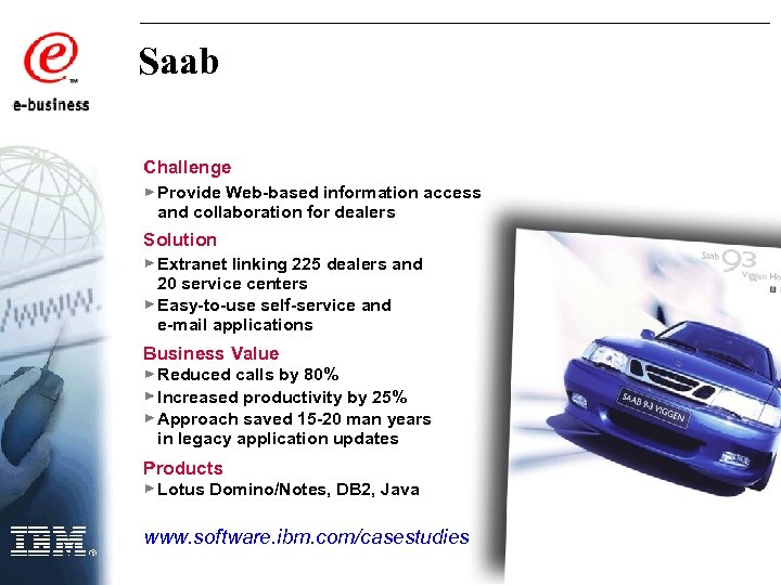 Saab Challenge Provide Web-based information access and collaboration for dealers Solution Extranet linking 225