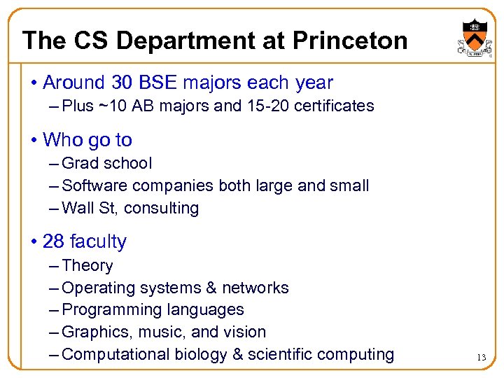 The CS Department at Princeton • Around 30 BSE majors each year – Plus