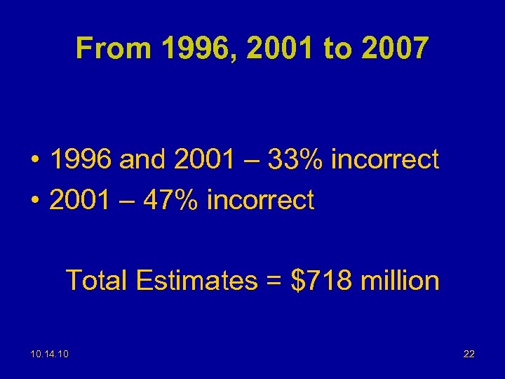 From 1996, 2001 to 2007 • 1996 and 2001 – 33% incorrect • 2001