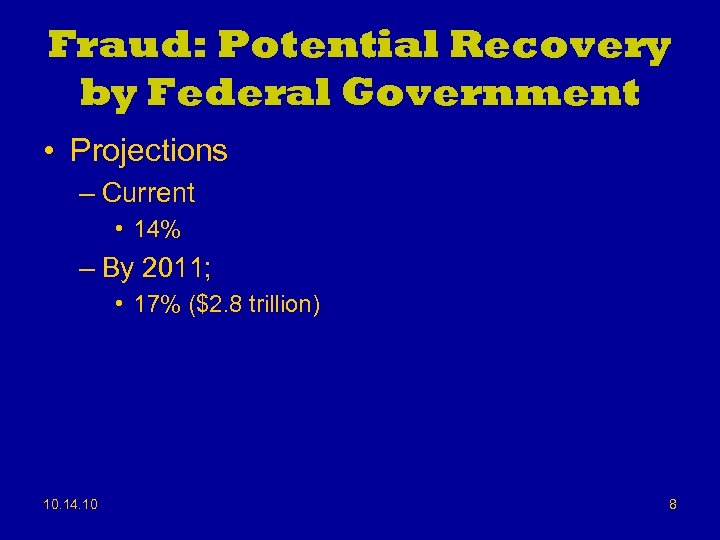 Fraud: Potential Recovery by Federal Government • Projections – Current • 14% – By