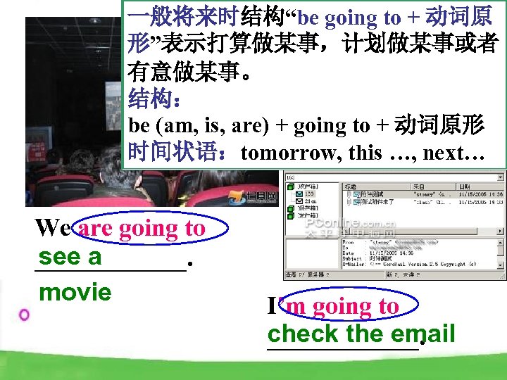 一般将来时结构“be going to + 动词原 形”表示打算做某事，计划做某事或者 有意做某事。 结构： be (am, is, are) + going