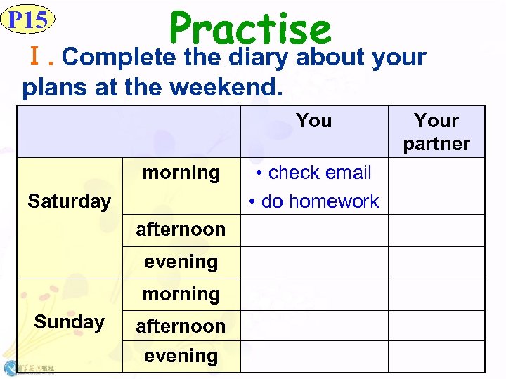 Practise P 15 Ⅰ. Complete the diary about your plans at the weekend. You