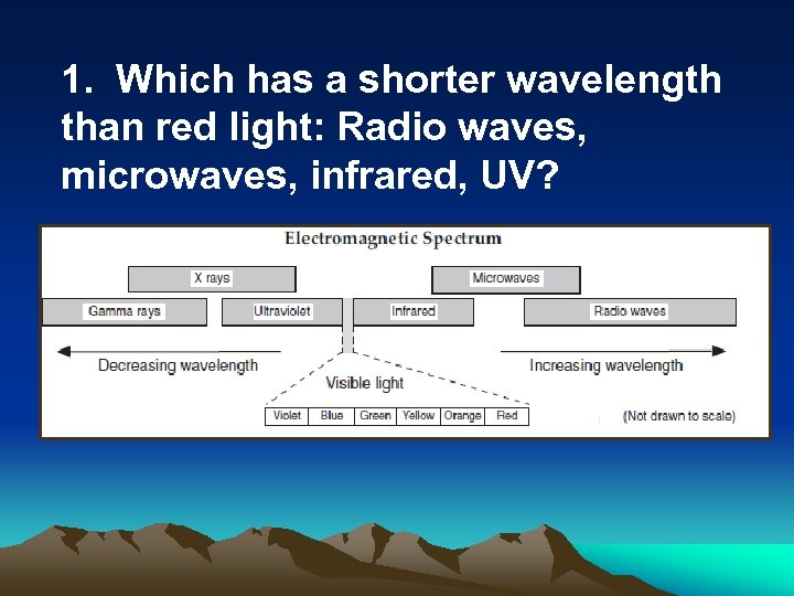 1. Which has a shorter wavelength than red light: Radio waves, microwaves, infrared, UV?