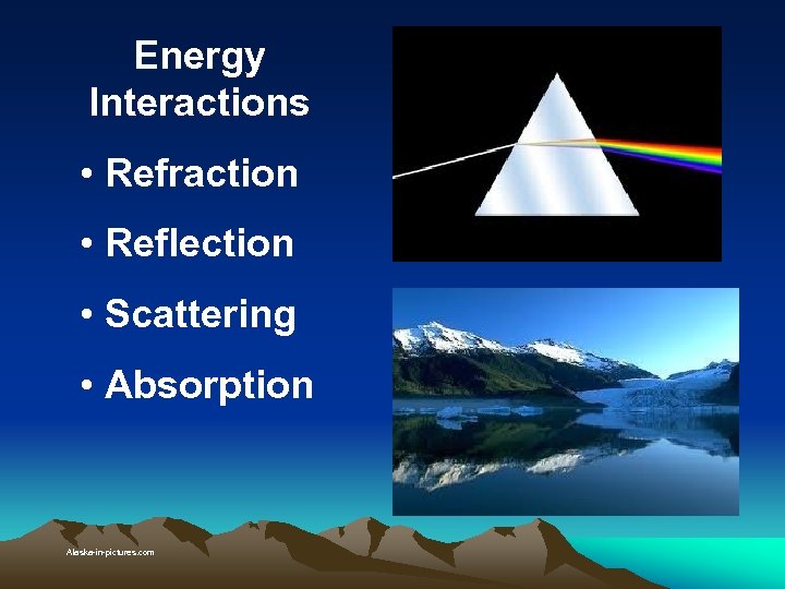 Energy Interactions • Refraction • Reflection • Scattering • Absorption Alaska-in-pictures. com 