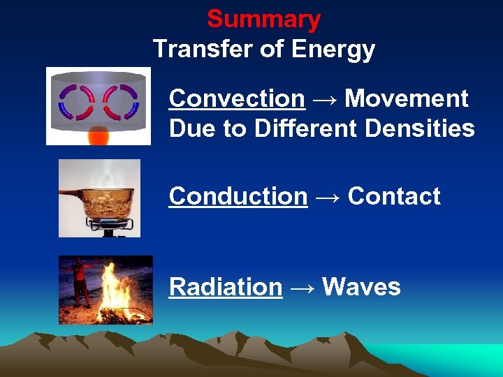 Summary Transfer of Energy Convection → Movement Due to Different Densities Conduction → Contact
