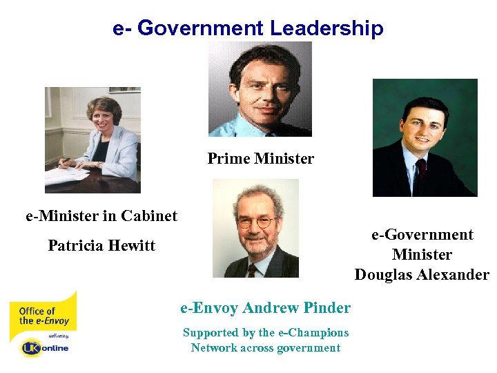 e- Government Leadership Prime Minister e-Minister in Cabinet e-Government Minister Douglas Alexander Patricia Hewitt