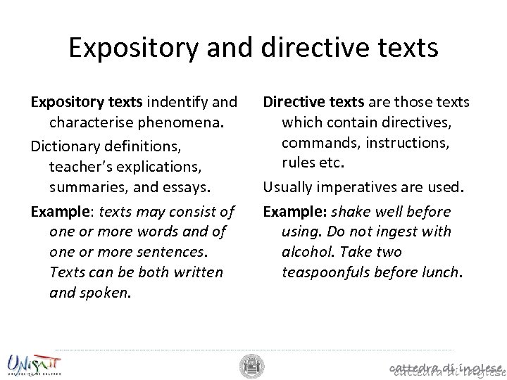 Expository and directive texts Expository texts indentify and characterise phenomena. Dictionary definitions, teacher’s explications,