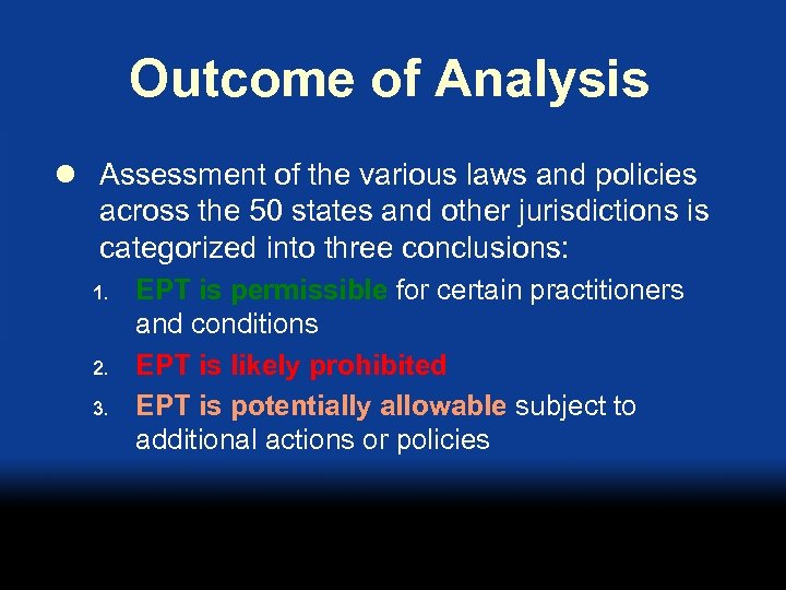 Outcome of Analysis l Assessment of the various laws and policies across the 50