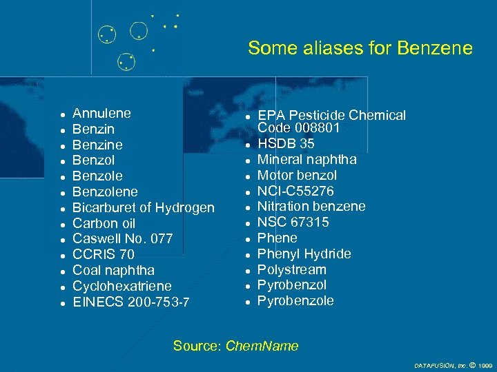 Some aliases for Benzene l l l l Annulene Benzine Benzolene Bicarburet of Hydrogen