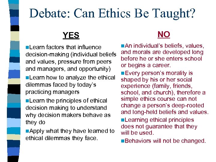 Debate: Can Ethics Be Taught? NO YES n. Learn factors that influence decision-making (individual