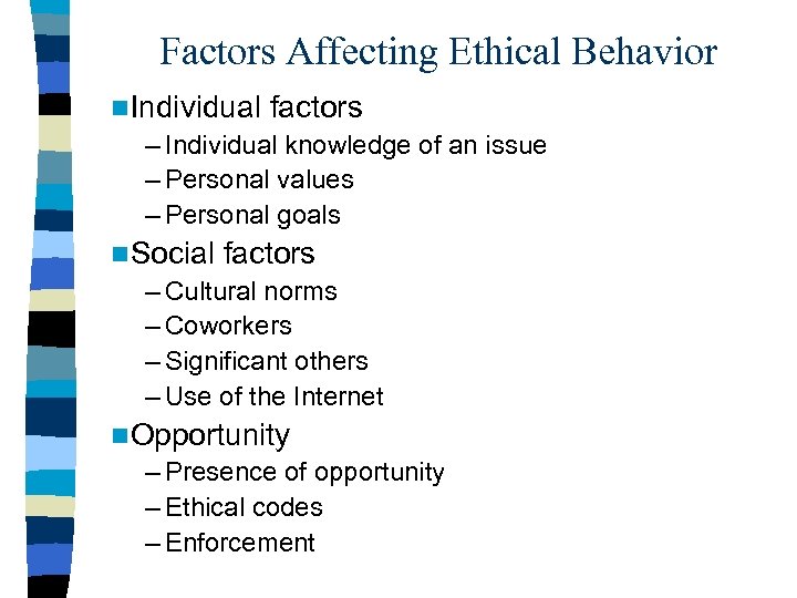 Factors Affecting Ethical Behavior n Individual factors – Individual knowledge of an issue –