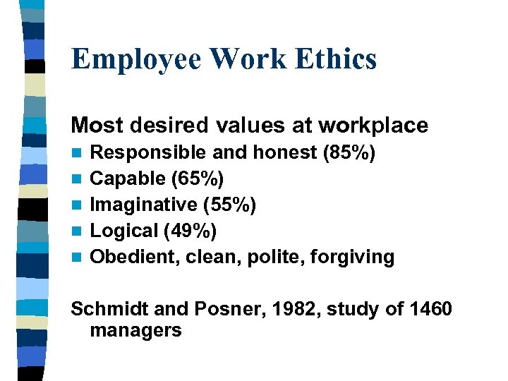 Employee Work Ethics Most desired values at workplace n n n Responsible and honest