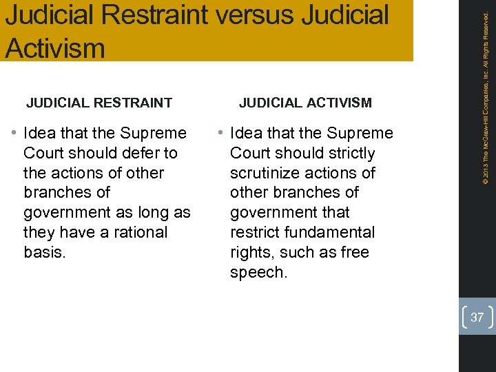 JUDICIAL RESTRAINT JUDICIAL ACTIVISM • Idea that the Supreme Court should defer to the