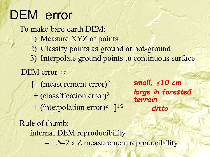 DEM error To make bare-earth DEM: 1) Measure XYZ of points 2) Classify points