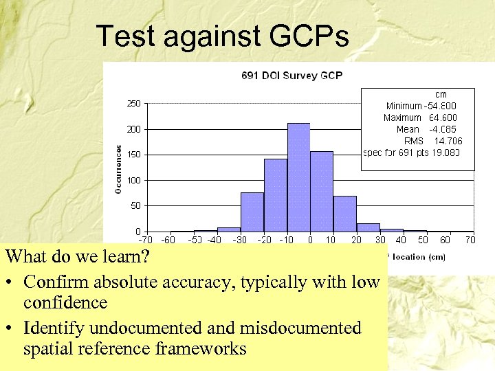 Test against GCPs What do we learn? • Confirm absolute accuracy, typically with low