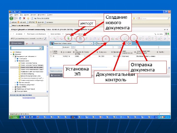 импорт Установка ЭП Создание нового документа Отправка документа Документальный контроль 