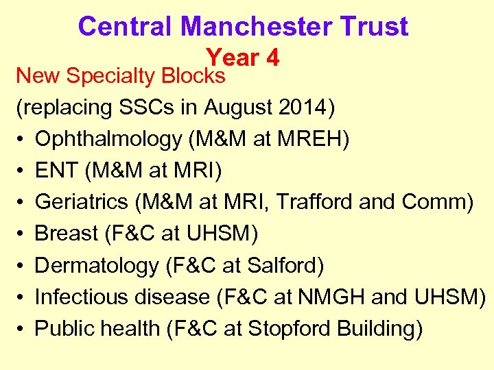 Central Manchester Trust Year 4 New Specialty Blocks (replacing SSCs in August 2014) •
