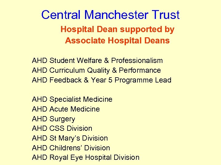 Central Manchester Trust Hospital Dean supported by Associate Hospital Deans AHD Student Welfare &