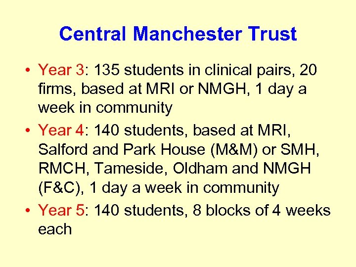 Central Manchester Trust • Year 3: 135 students in clinical pairs, 20 firms, based