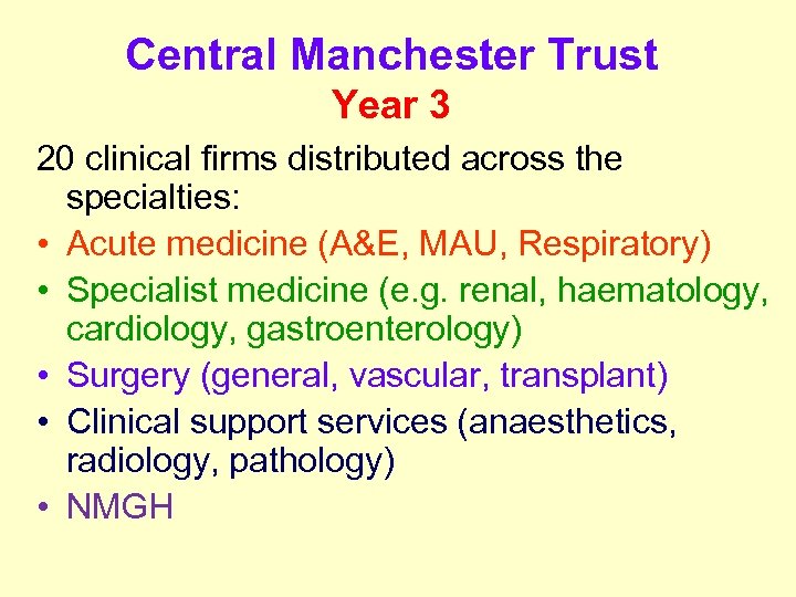 Central Manchester Trust Year 3 20 clinical firms distributed across the specialties: • Acute