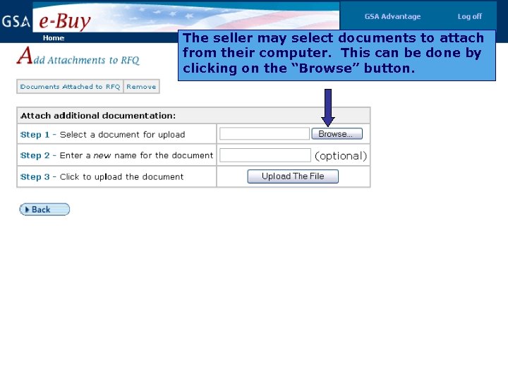 The seller may select documents to attach from their computer. This can be done