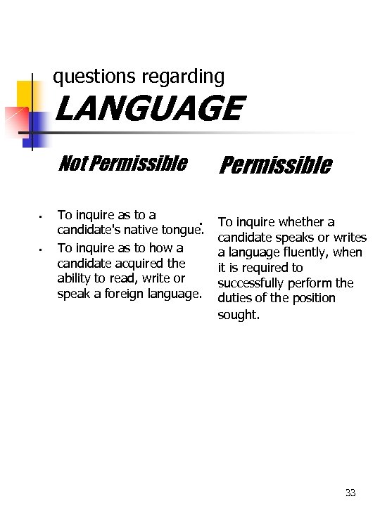 questions regarding LANGUAGE Not Permissible § § To inquire as to a § candidate's