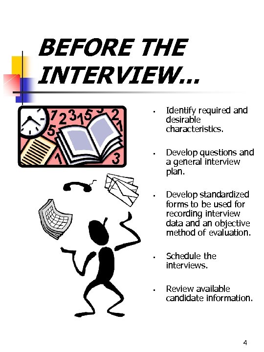 BEFORE THE INTERVIEW. . . § § § Identify required and desirable characteristics. Develop