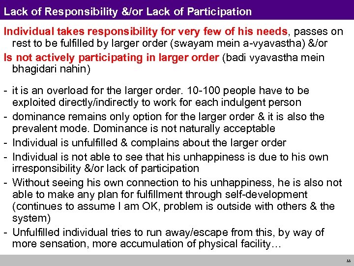 Lack of Responsibility &/or Lack of Participation Individual takes responsibility for very few of