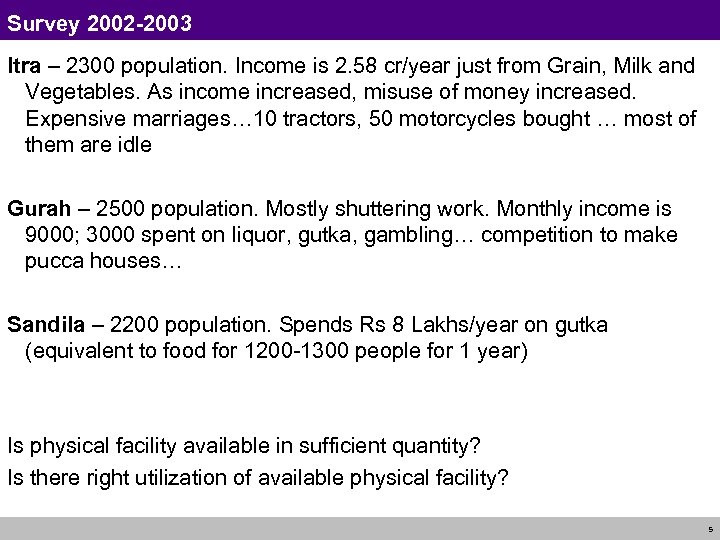 Survey 2002 -2003 Itra – 2300 population. Income is 2. 58 cr/year just from