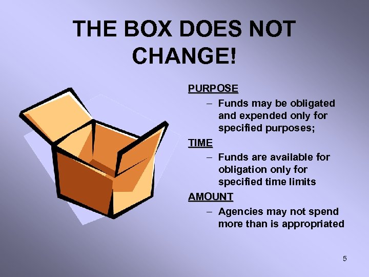 THE BOX DOES NOT CHANGE! PURPOSE – Funds may be obligated and expended only