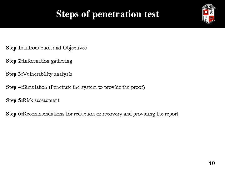 Steps of penetration test Step 1: Introduction and Objectives Step 2: Information gathering Step
