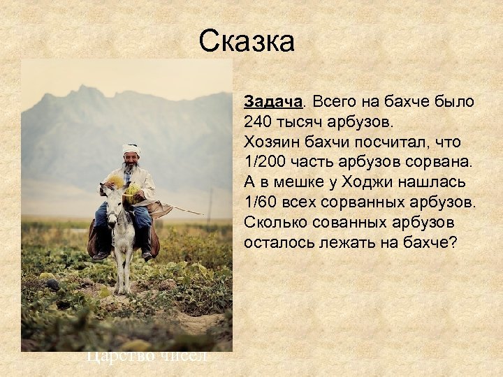 Сказка Задача. Всего на бахче было 240 тысяч арбузов. Хозяин бахчи посчитал, что 1/200