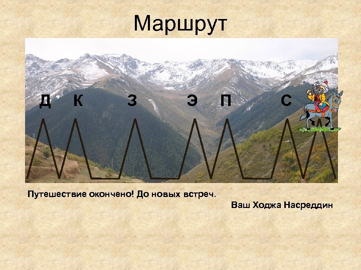 Маршрут Д К З Э П С Е Путешествие окончено! До новых встреч. Ваш