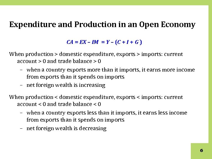 Expenditure and Production in an Open Economy CA = EX – IM = Y