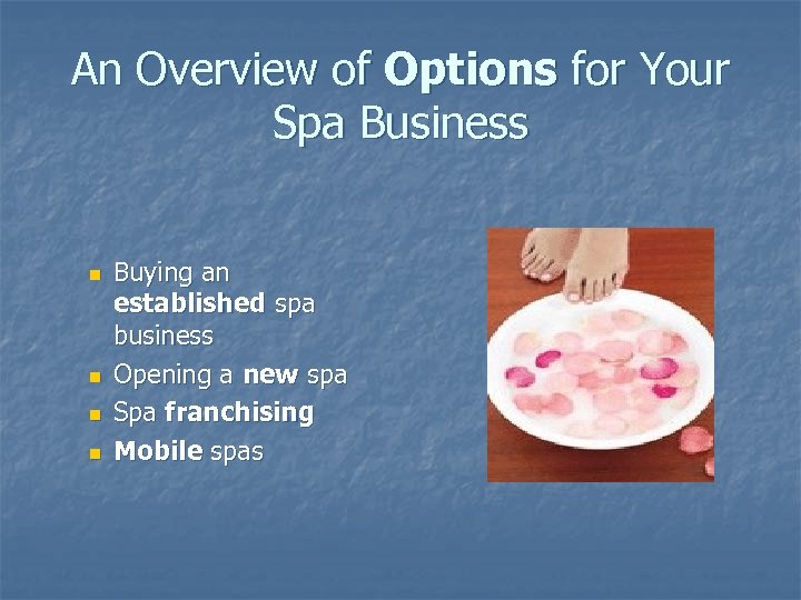 An Overview of Options for Your Spa Business n n Buying an established spa