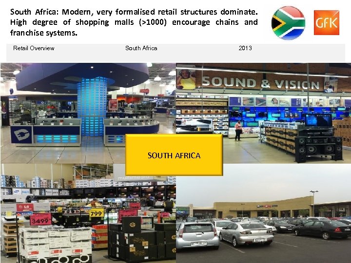 South Africa: Modern, very formalised retail structures dominate. High degree of shopping malls (>1000)