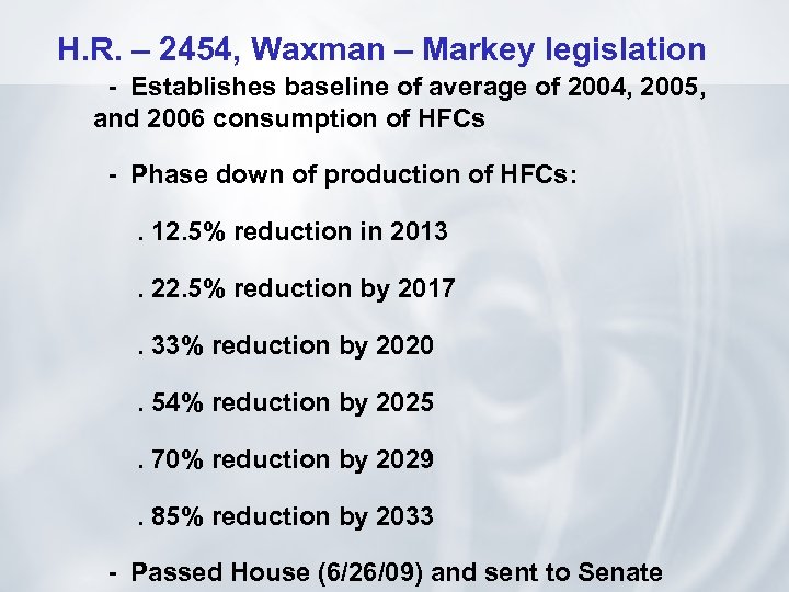 H. R. – 2454, Waxman – Markey legislation - Establishes baseline of average of