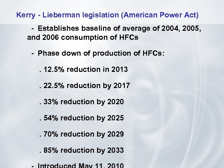 Kerry - Lieberman legislation (American Power Act) - Establishes baseline of average of 2004,