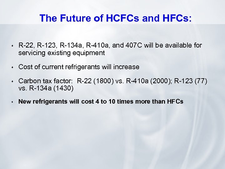 The Future of HCFCs and HFCs: s R-22, R-123, R-134 a, R-410 a, and