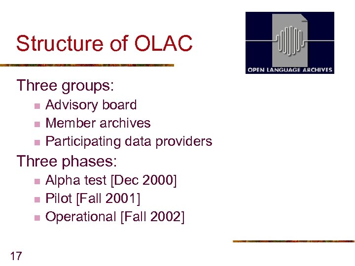 Structure of OLAC Three groups: n n n Advisory board Member archives Participating data