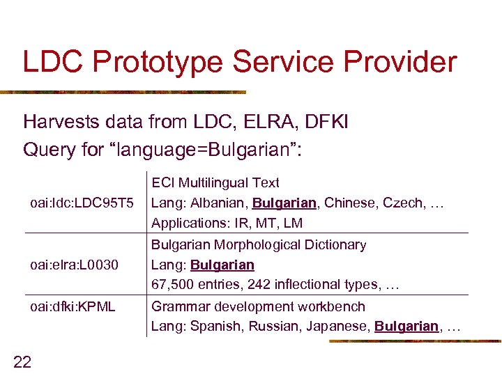 LDC Prototype Service Provider Harvests data from LDC, ELRA, DFKI Query for “language=Bulgarian”: oai: