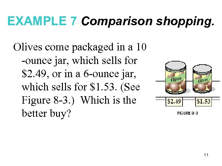 EXAMPLE 7 Comparison shopping. Olives come packaged in a 10 -ounce jar, which sells