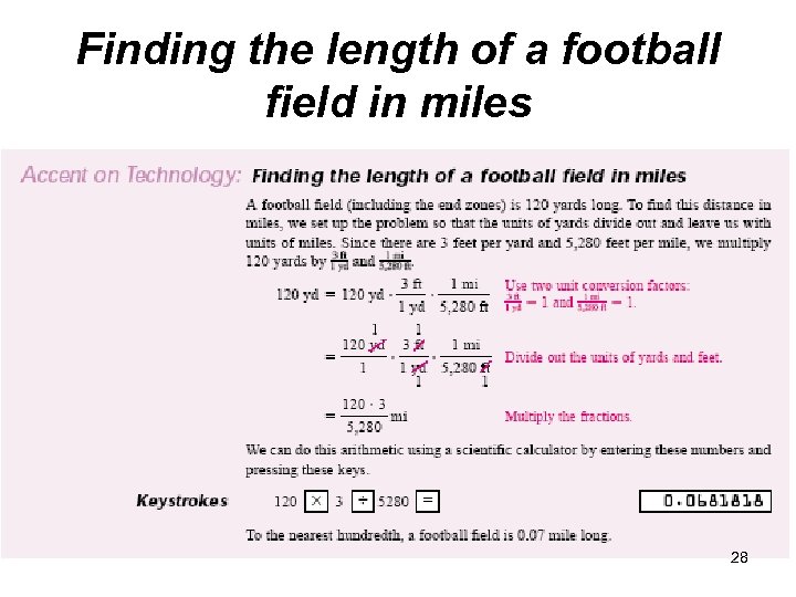 Finding the length of a football field in miles 28 